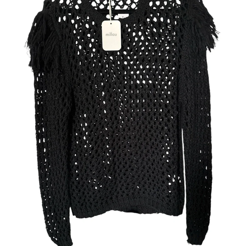 NWT Millau Black Crew Neck Sweater Open-Knit Design - Picture 1 of 2